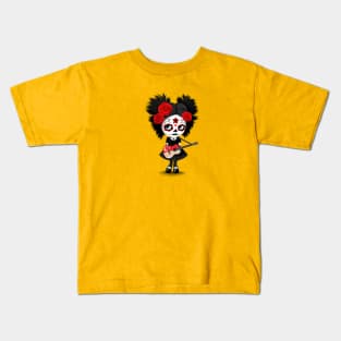 Sugar Skull Girl Playing Singapore Flag Guitar Kids T-Shirt